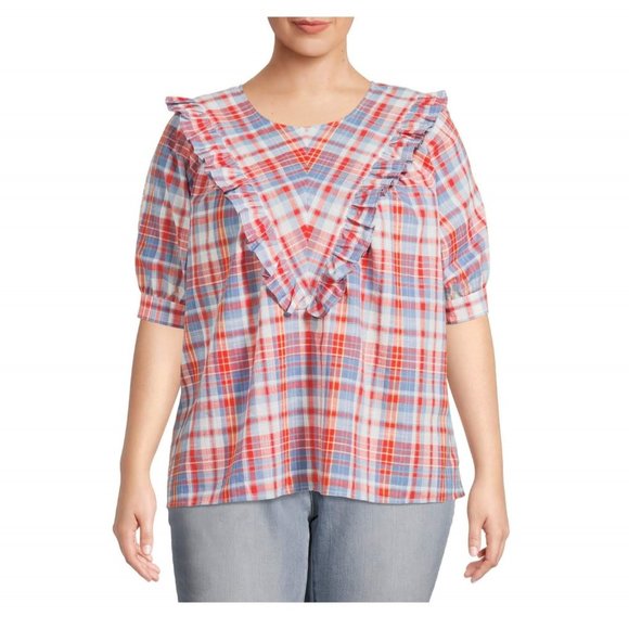 NWT Terra & Sky Women's Plus Short Sleeve Ruffle Woven Blouse Size 3X - Picture 1 of 11